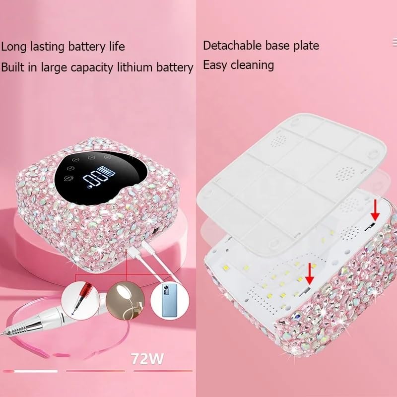 Heart Shape Rhinestone Wireless UV Led Lamp | Jewel Diamonds | UV Soak Machine | Nail Dryer | 30 Beads Nail Gel Dryer | 72W - Pink