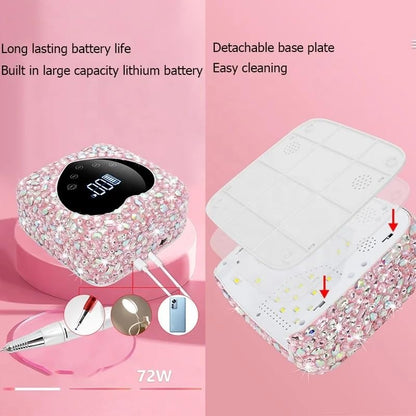 Heart Shape Rhinestone Wireless UV Led Lamp | Jewel Diamonds | UV Soak Machine | Nail Dryer | 30 Beads Nail Gel Dryer | 72W - Pink