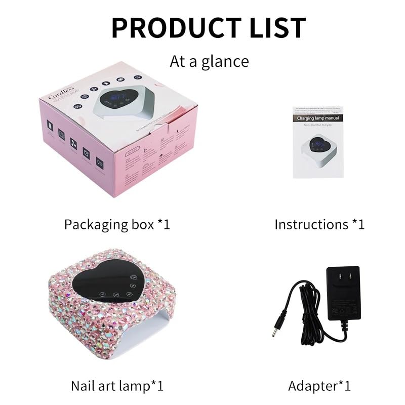 Heart Shape Rhinestone Wireless UV Led Lamp | Jewel Diamonds | UV Soak Machine | Nail Dryer | 30 Beads Nail Gel Dryer | 72W - Pink