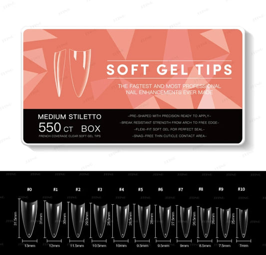 Nail Tips | Soft Gel Full Cover Nails (Medium Stiletto Nail Tips | Clear Finish C Cut, 550 pcs)