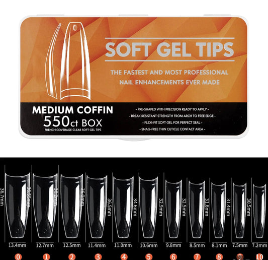 Nail Tips | Soft Gel Full Cover Nails (Medium Coffin Nail Tips | Clear Finish C Cut, 550 pcs)